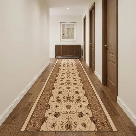 13' Beige And Ivory Oriental Runner Rug Photo 1
