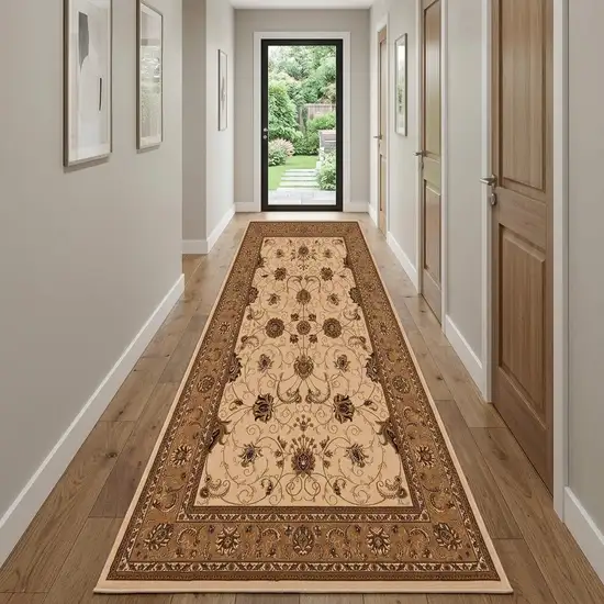 15' Beige And Ivory Oriental Runner Rug Photo 1