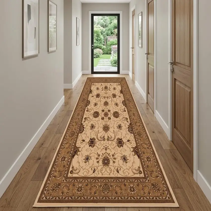15' Beige And Ivory Oriental Runner Rug Photo 1