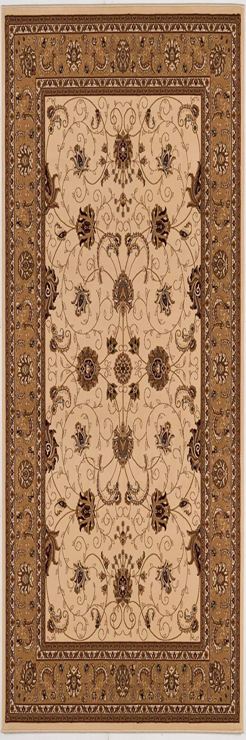Cream and Tan Ornate Border Runner Rug Photo 6