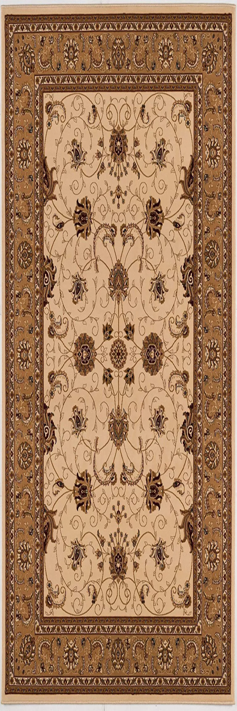 Cream and Tan Ornate Border Runner Rug Photo 5