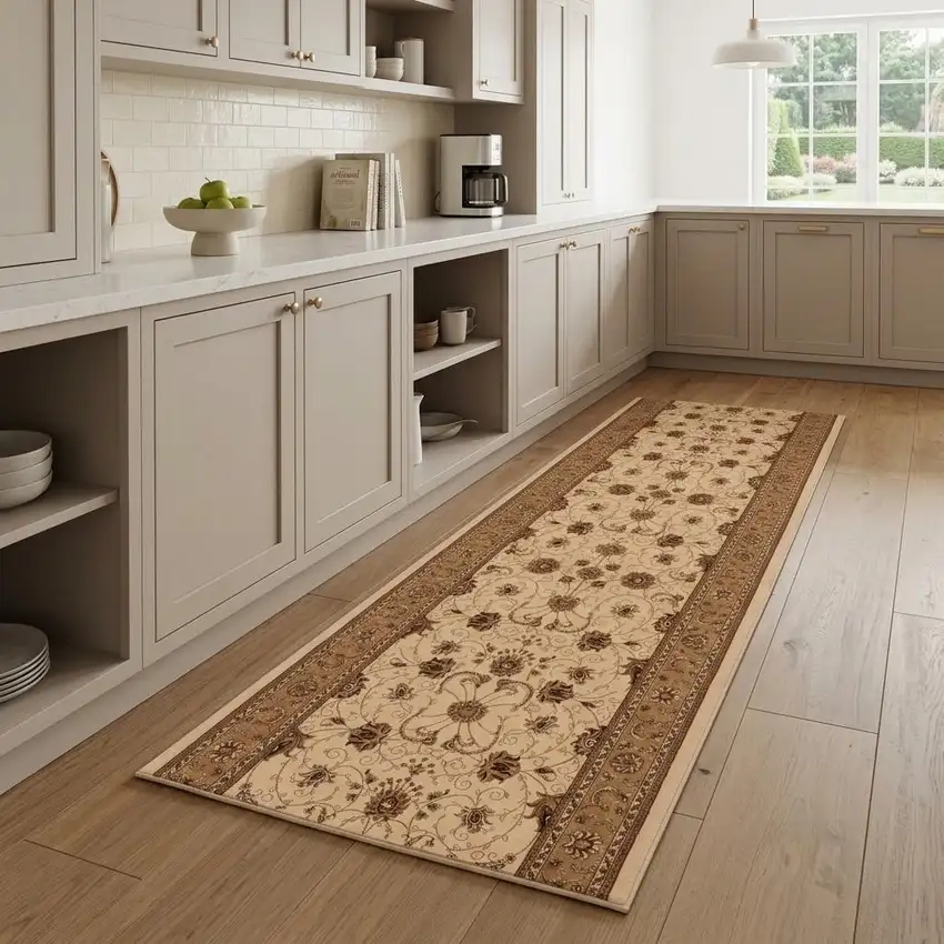 8' Beige And Ivory Oriental Runner Rug Photo 1