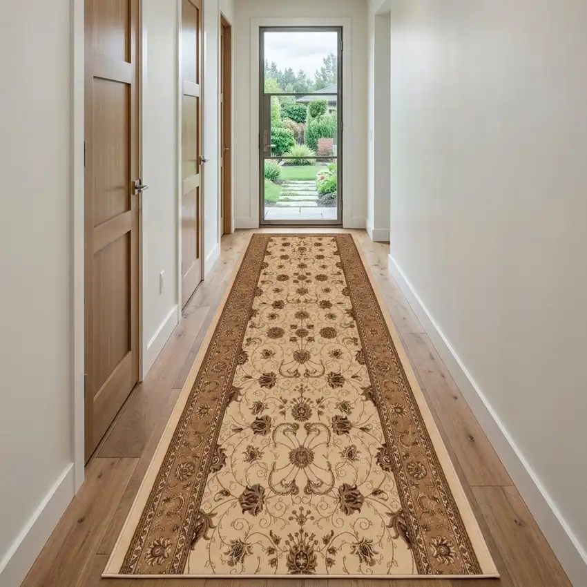 10' Beige And Ivory Oriental Runner Rug Photo 1