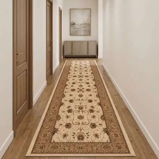 13' Beige And Ivory Oriental Runner Rug Photo 1