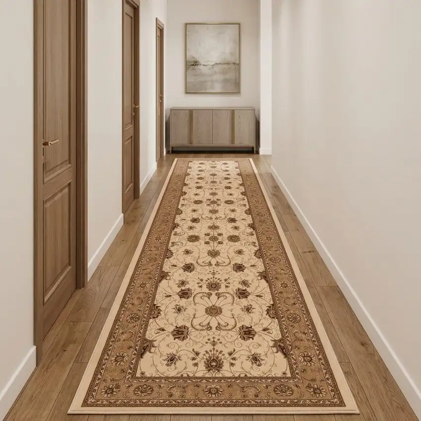 13' Beige And Ivory Oriental Runner Rug Photo 1