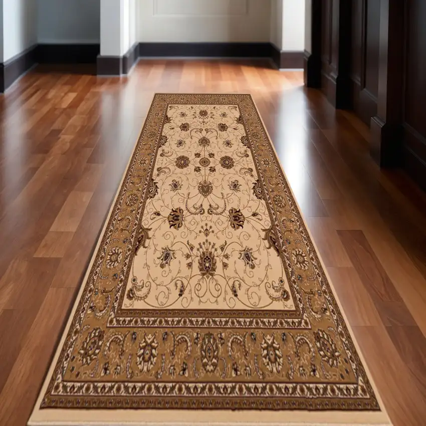 15' Beige And Ivory Oriental Runner Rug Photo 1
