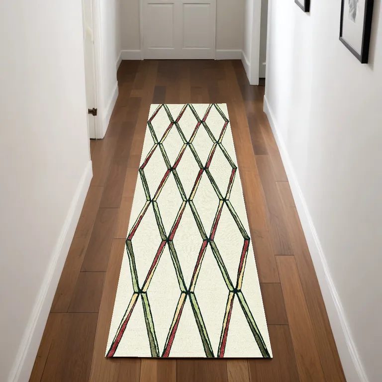 Cream or Gold Geometric Diamond Wool Runner Rug Photo 5
