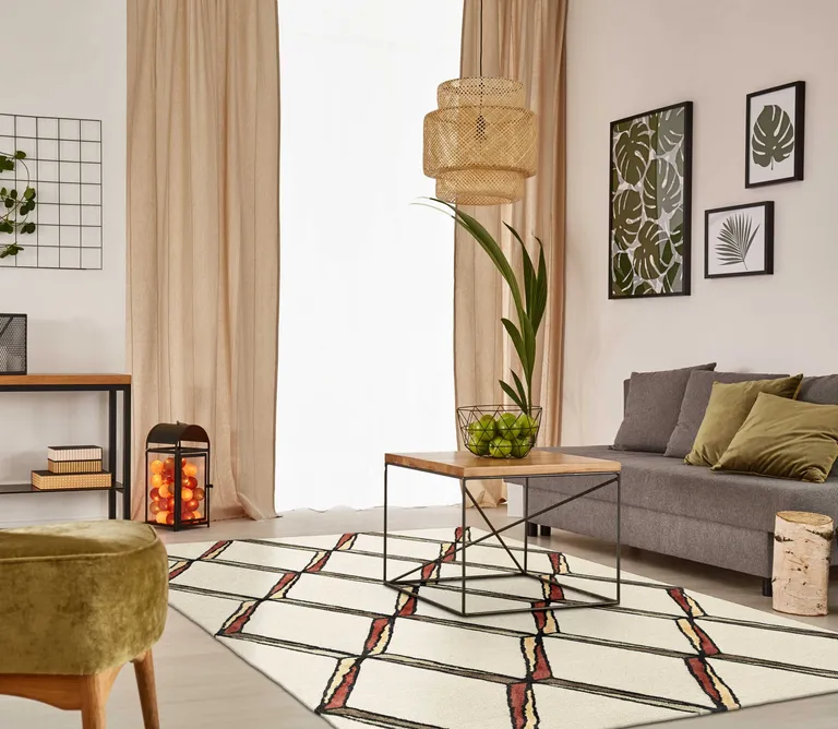 Cream or Gold Geometric Diamond Wool Runner Rug Photo 5