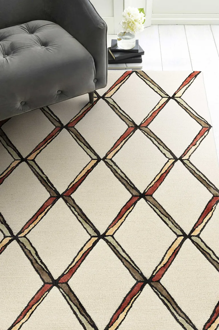 Cream or Gold Geometric Diamond Wool Runner Rug Photo 2