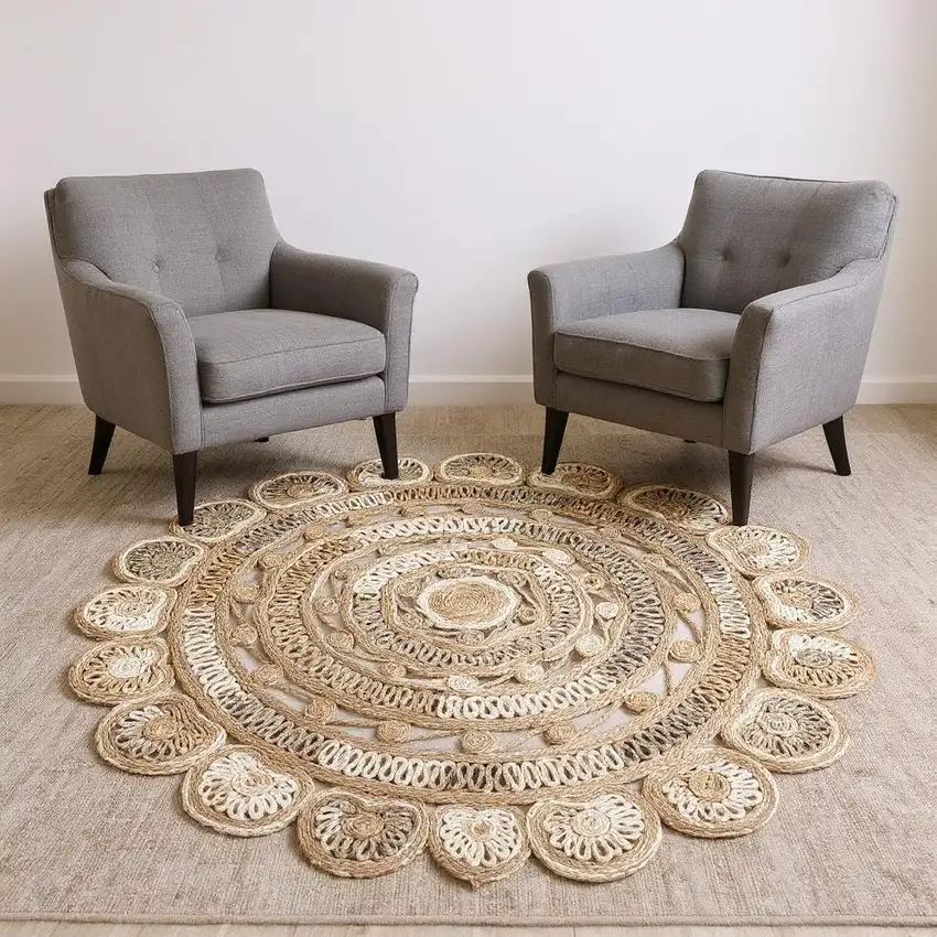 6' Beige Jute Abstract Geometric Hand Braided Round Rug Photo 2