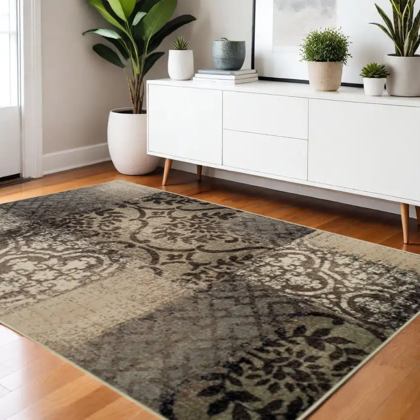 Tan And Brown Damask Distressed Area Rug Photo 1