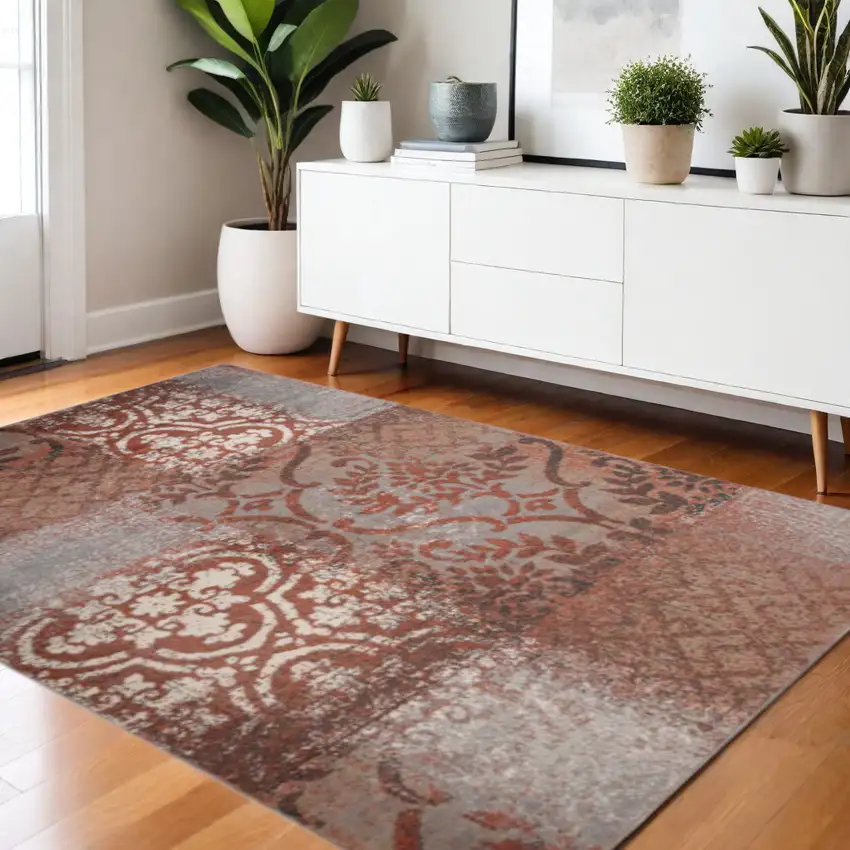 Rust And Gray Damask Distressed Area Rug Photo 1