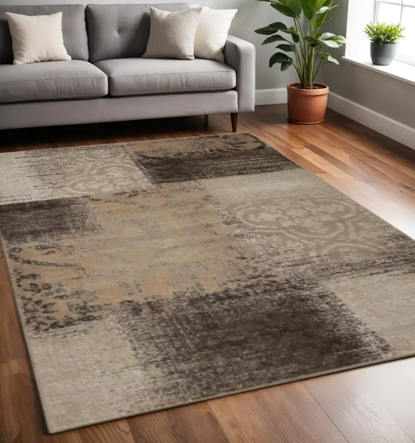 Black And Gray Damask Distressed Area Rug Photo 1