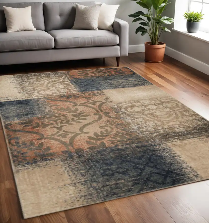 Blue And Ivory Damask Distressed Area Rug Photo 1