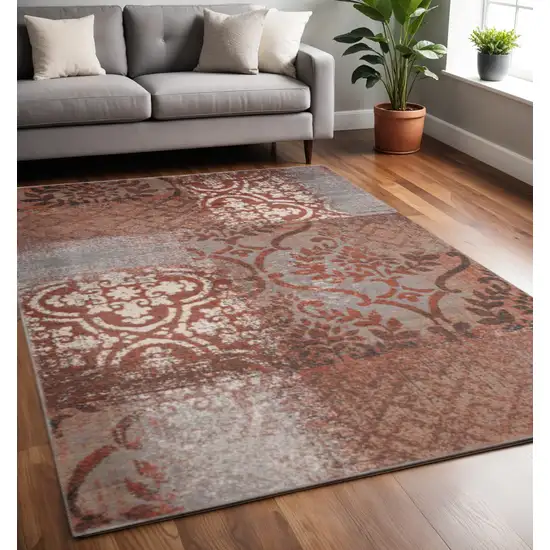 Rust And Gray Damask Distressed Area Rug Photo 1