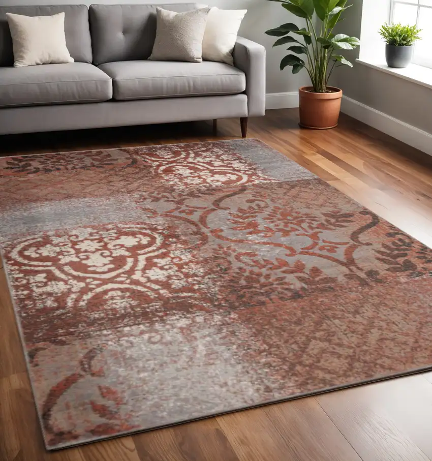 Rust And Gray Damask Distressed Area Rug Photo 1