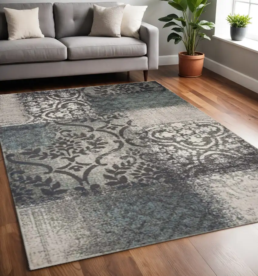 Teal And Ivory Damask Distressed Area Rug Photo 1