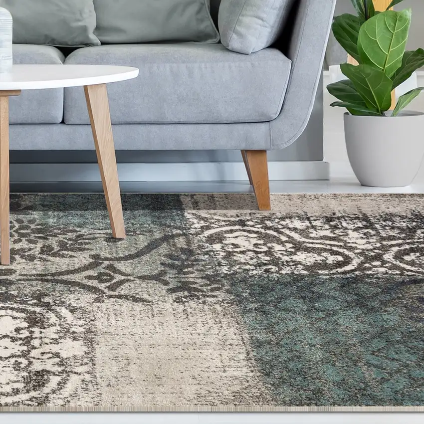 Damask Distressed Stain Resistant Area Rug Photo 6