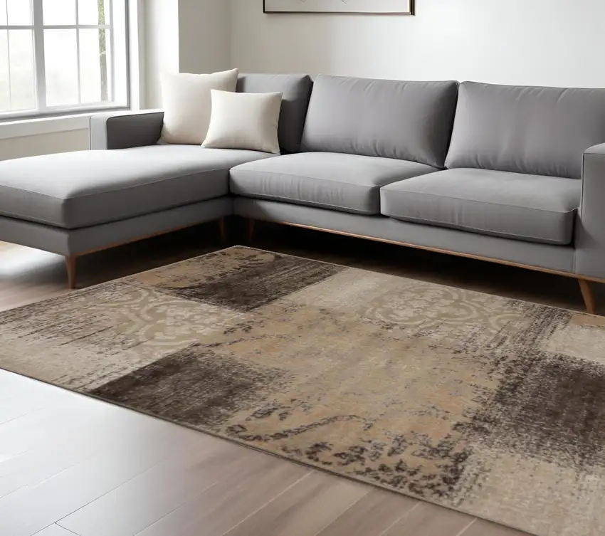 Black And Gray Damask Distressed Area Rug Photo 1