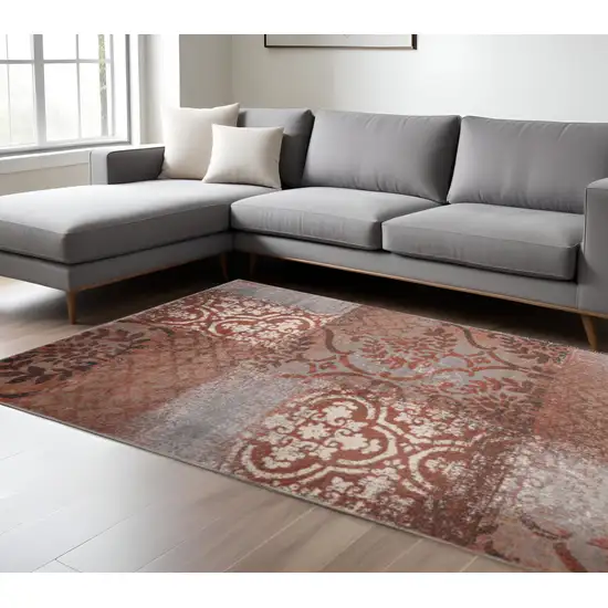 Rust And Gray Damask Distressed Area Rug Photo 1