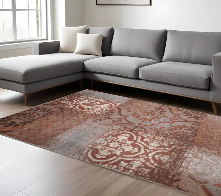 Rust And Gray Damask Distressed Area Rug Photo 1