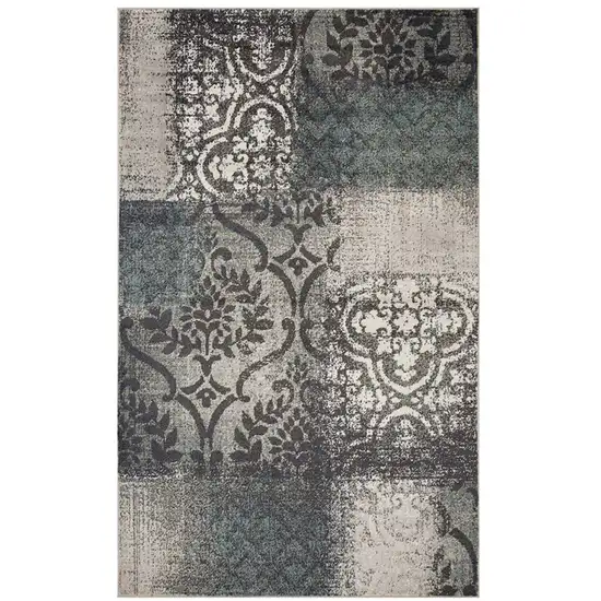Teal And Ivory Damask Distressed Area Rug Photo 2