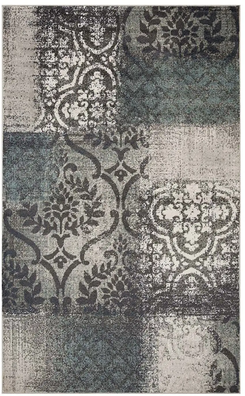 Teal And Ivory Damask Distressed Area Rug Photo 2