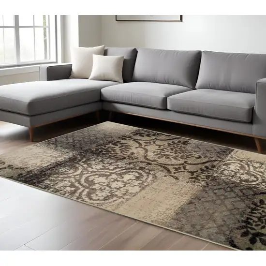 Tan And Brown Damask Distressed Area Rug Photo 1