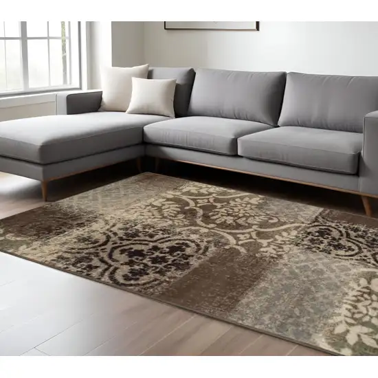 Ivory Brown And Gray Damask Distressed Area Rug Photo 1
