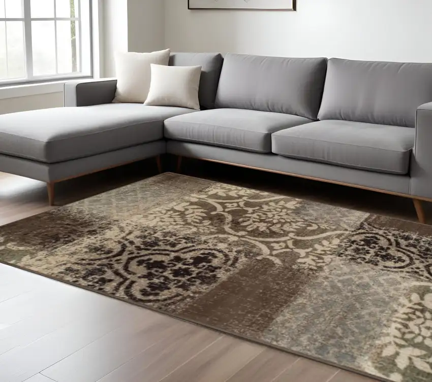 Ivory Brown And Gray Damask Distressed Area Rug Photo 1