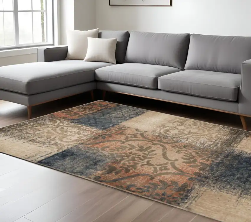 Blue And Ivory Damask Distressed Area Rug Photo 1