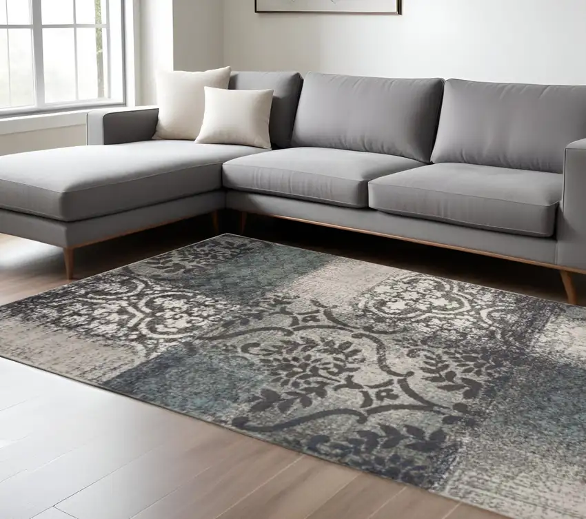 Teal And Ivory Damask Distressed Area Rug Photo 1