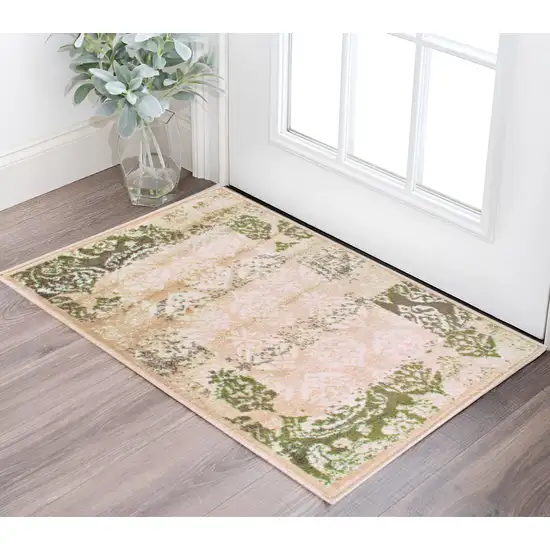Beige Damask Power Loom Distressed Stain Resistant Area Rug Photo 1