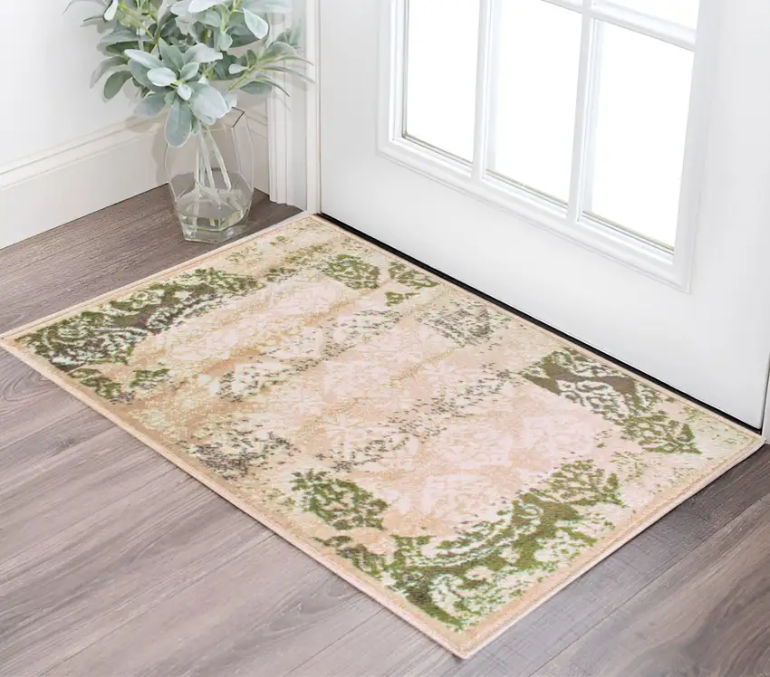 Beige Damask Power Loom Distressed Stain Resistant Area Rug Photo 1