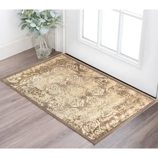 Brown Damask Power Loom Distressed Stain Resistant Area Rug Photo 1