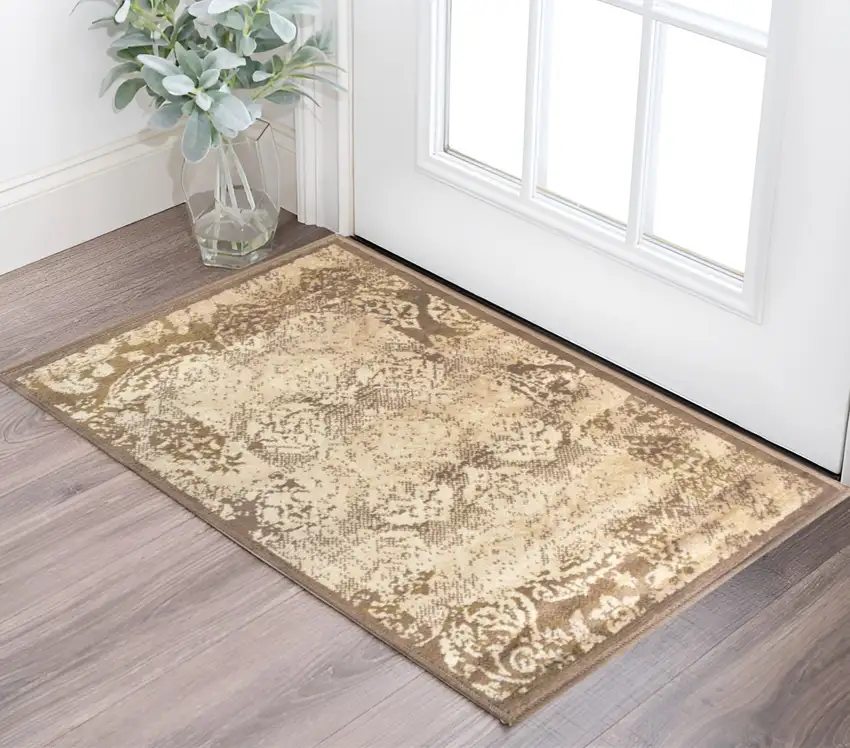 Brown Damask Power Loom Distressed Stain Resistant Area Rug Photo 1