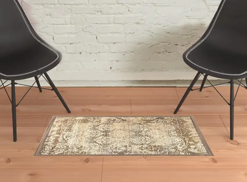 Damask Power Loom Distressed Stain Resistant Area Rug Photo 6