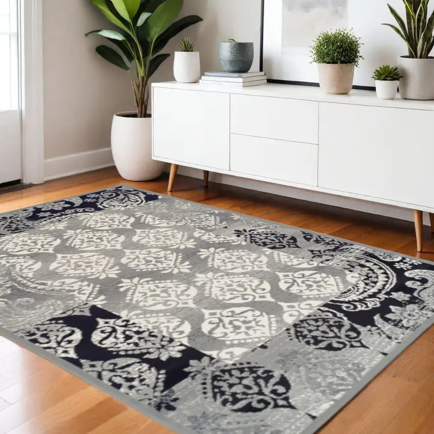 Black And Gray Damask Distressed Area Rug Photo 1