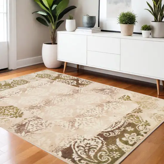 Beige And Brown Damask Distressed Area Rug Photo 1