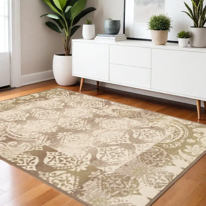 Beige And Brown Damask Distressed Area Rug Photo 1