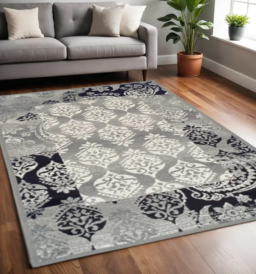 Black And Gray Damask Distressed Area Rug Photo 1