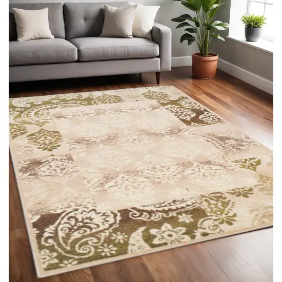 Beige And Brown Damask Distressed Area Rug Photo 1