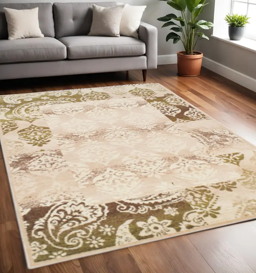 Beige And Brown Damask Distressed Area Rug Photo 1