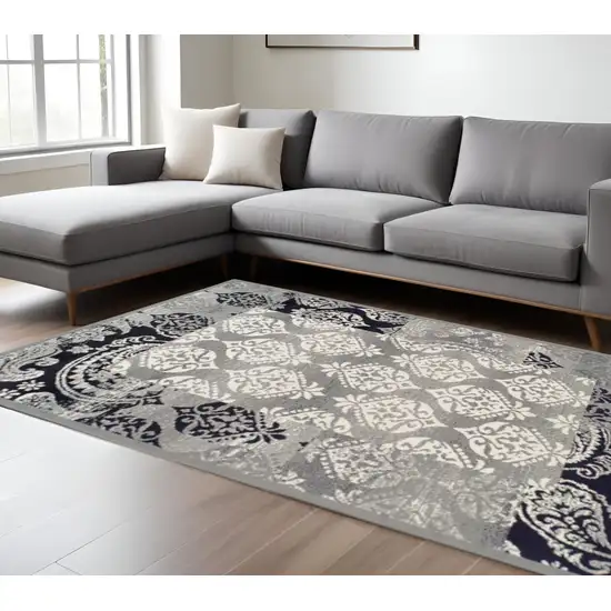 Black And Gray Damask Distressed Area Rug Photo 1