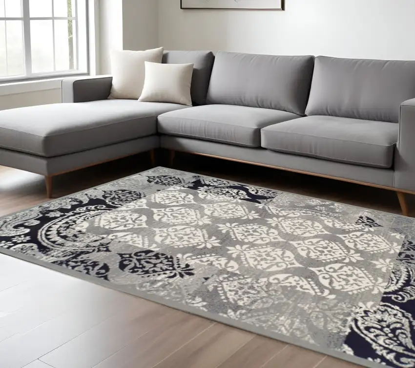 Black And Gray Damask Distressed Area Rug Photo 1