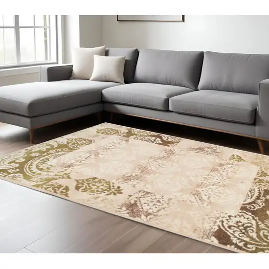 Beige And Brown Damask Distressed Area Rug Photo 1