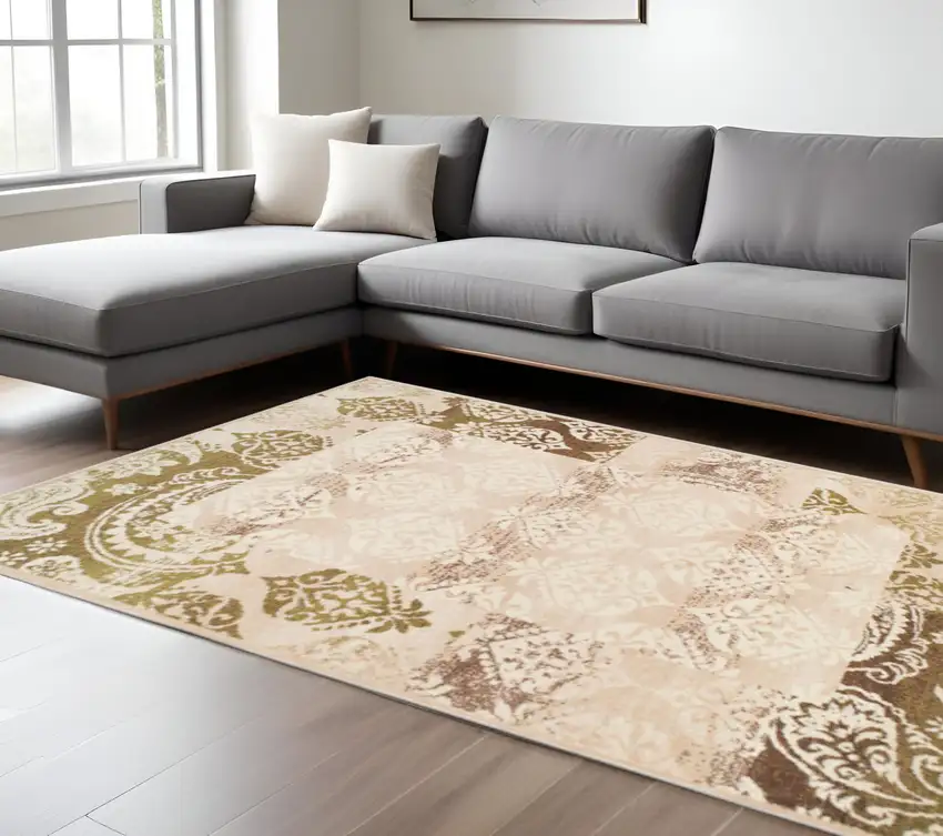 Beige And Brown Damask Distressed Area Rug Photo 1