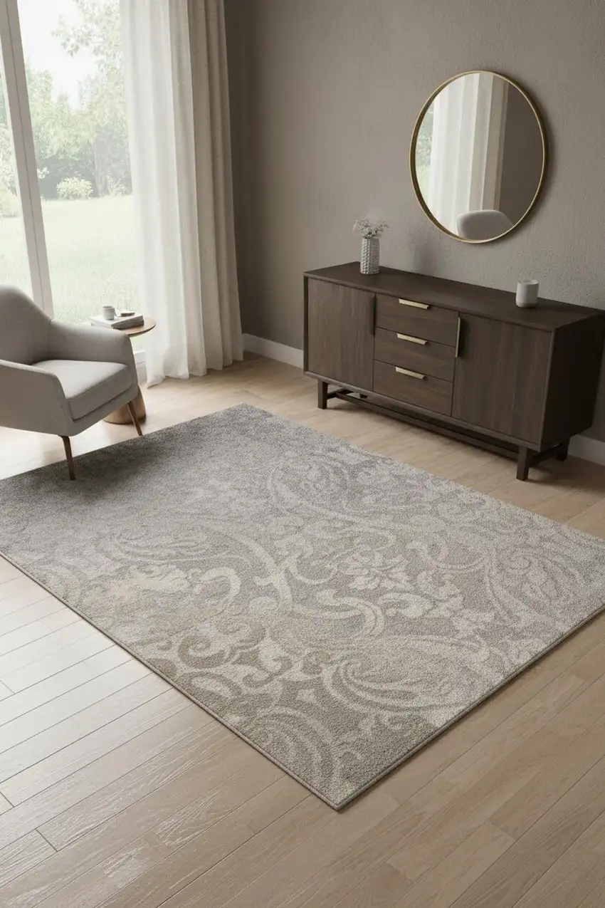 Gray And Ivory Damask Area Rug Photo 1