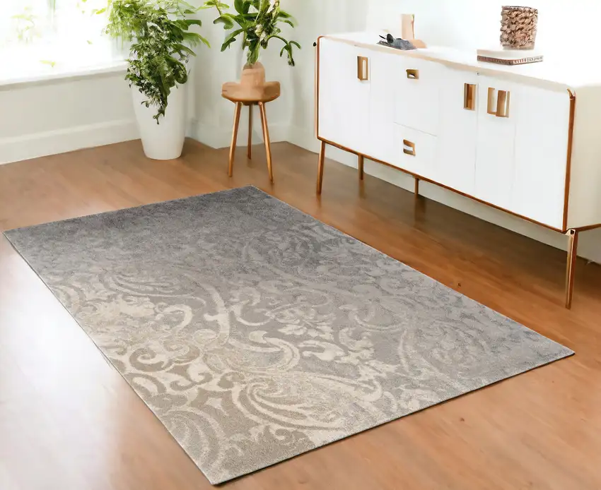 Grey Damask Power Loom Stain Resistant Area Rug Photo 1