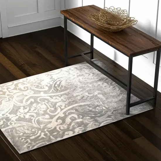 Grey Damask Power Loom Stain Resistant Area Rug Photo 2